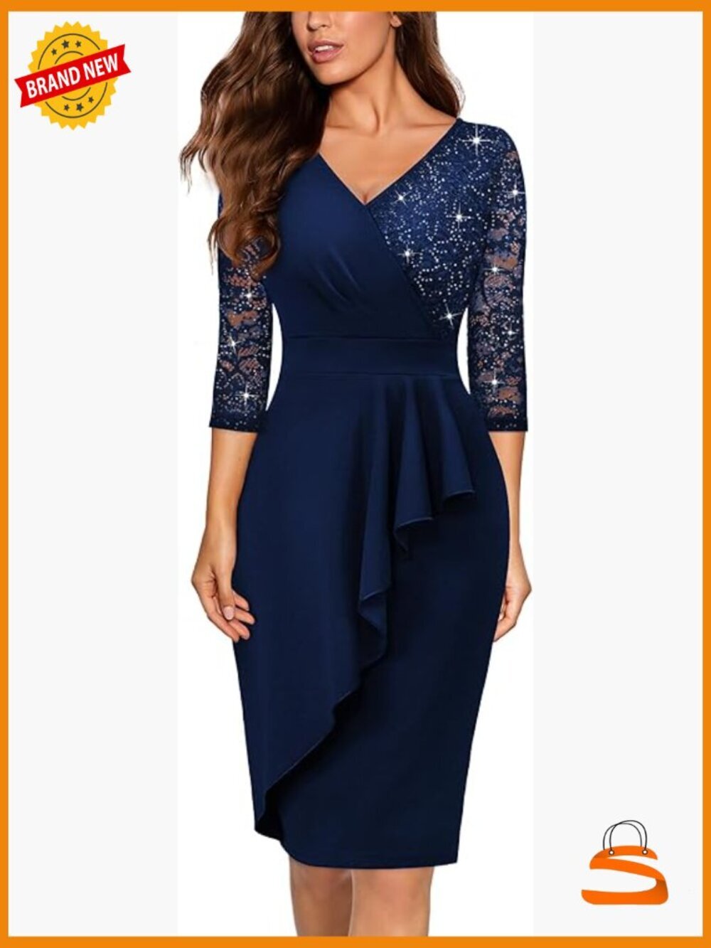 V-Neck Sequin Lace 3/4 Sleeve Sheath Cocktail Dress